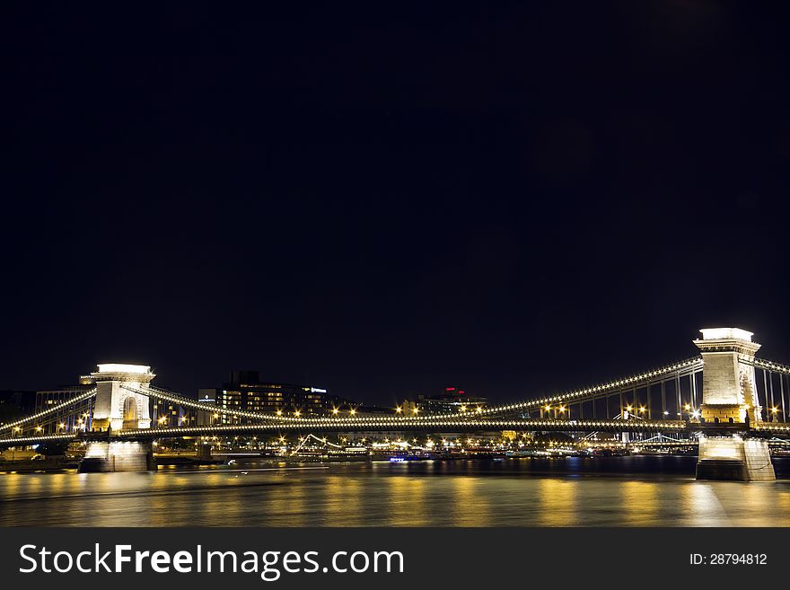 The Chain Bridge and Danube river in Budapest at night, Hungary.