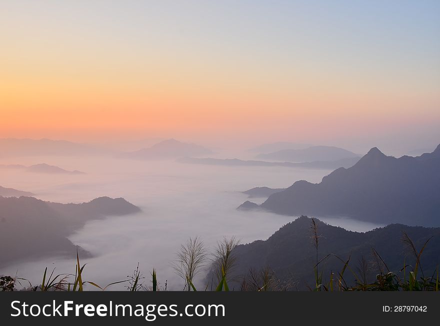 Mist Before Sunset Between Moutains