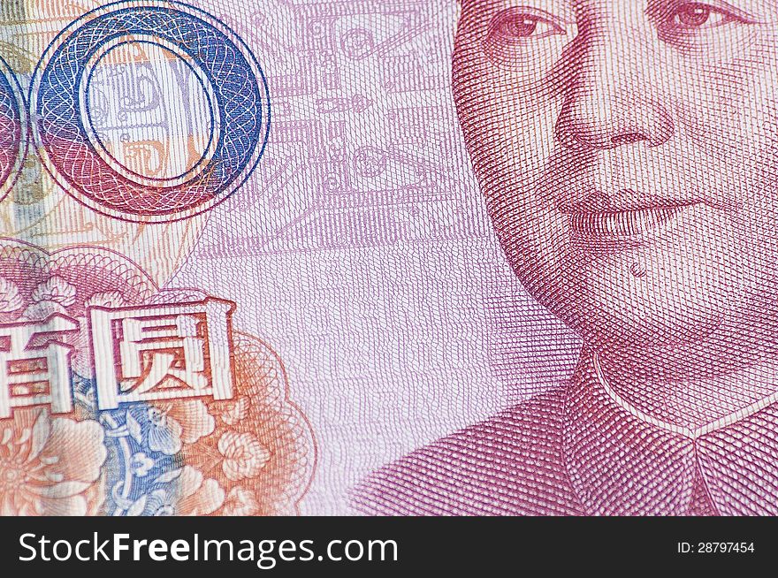 Cropped Macro Close-up of Chinese RMB 100 Yuan Banknote Chairman Mao Zedong. Cropped Macro Close-up of Chinese RMB 100 Yuan Banknote Chairman Mao Zedong