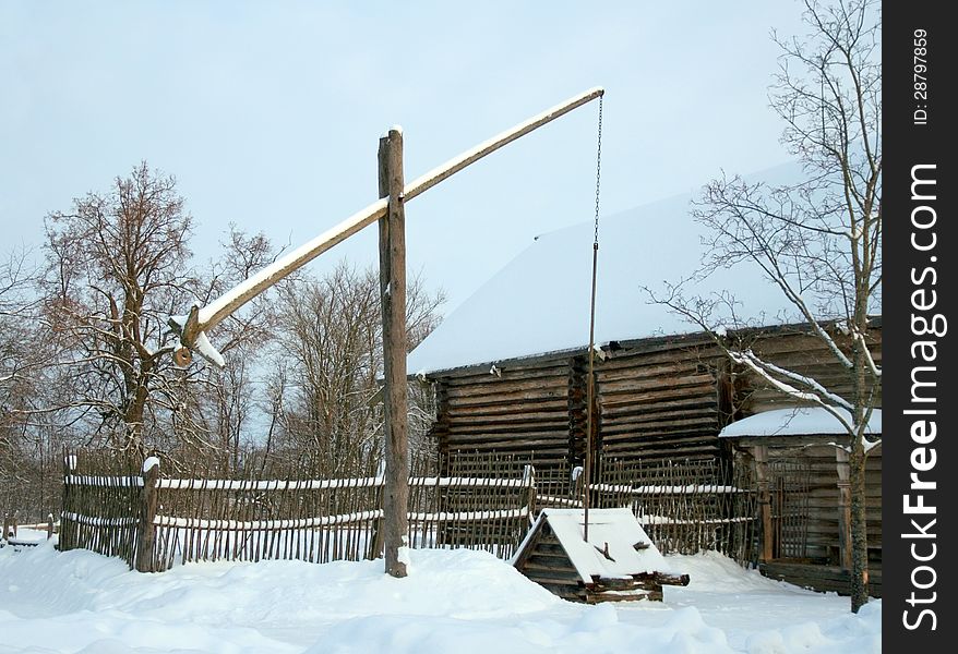 Village well-crane. Open-air museum of wooden architecture Vitoslavlitsy, Novgorod the Great, Russia