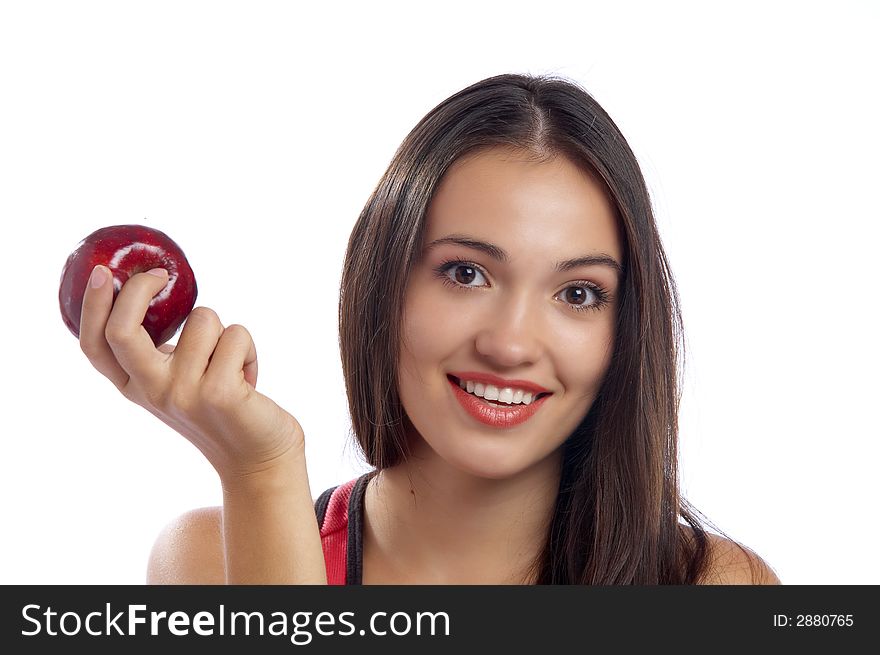 Portrait of young lovely brunette holding big red  apple. Portrait of young lovely brunette holding big red  apple