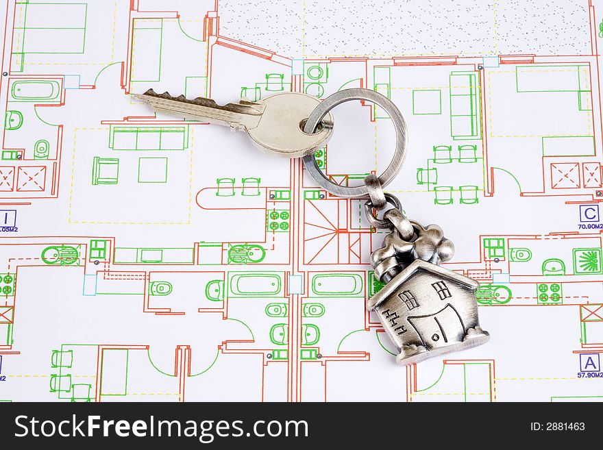 House keyring on architectural home plan. House keyring on architectural home plan