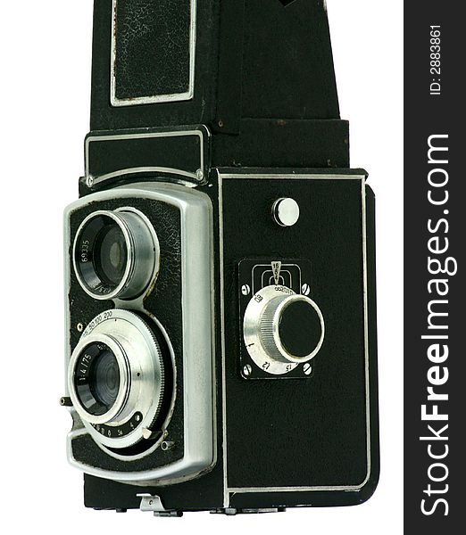 View at old manual photo camera on a white background. View at old manual photo camera on a white background