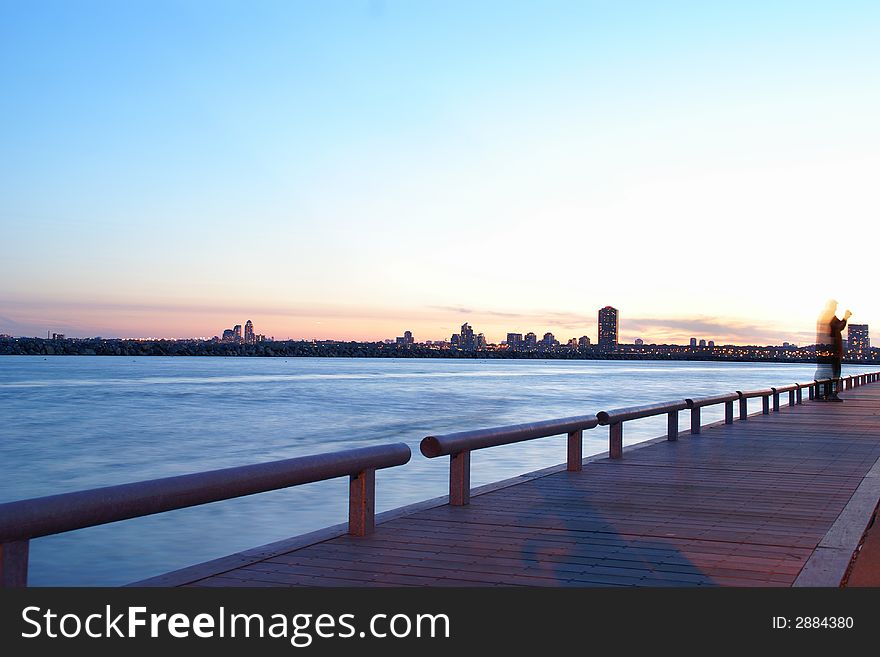 Photo of a lakeshore on nigh. Photo of a lakeshore on nigh