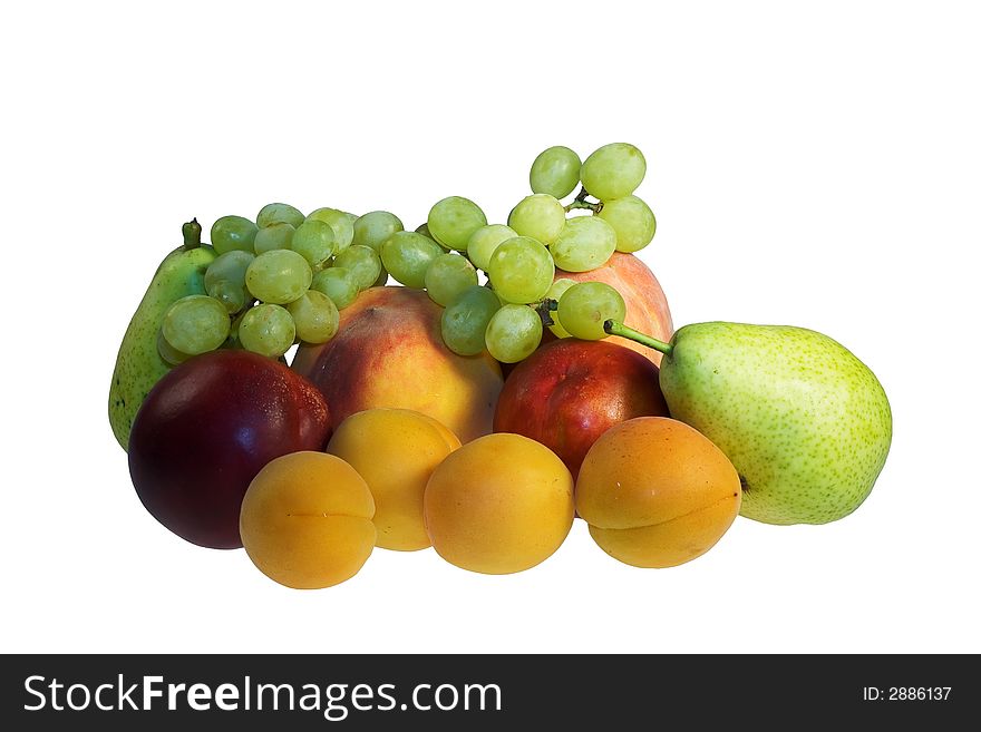 Grape, peach, pear, apricot, nectarine on white background. Grape, peach, pear, apricot, nectarine on white background
