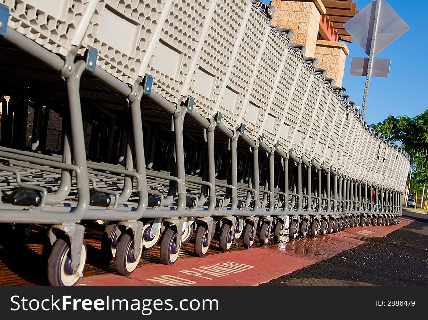 Supermarket shopping carts outside waiting to be used