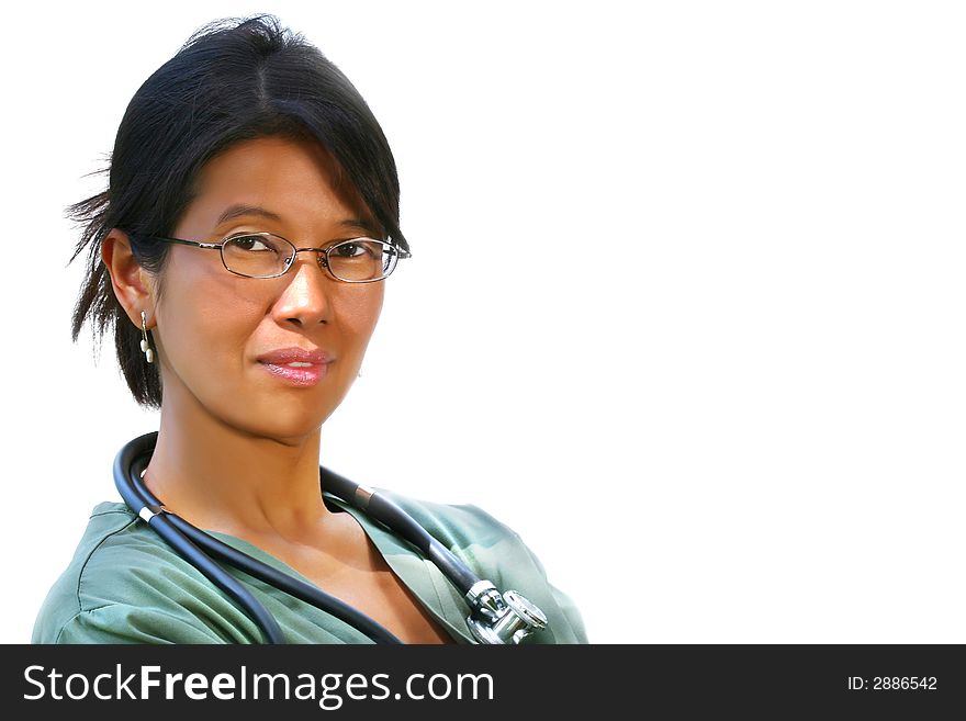 Friendly doctor in green scrubs on white background