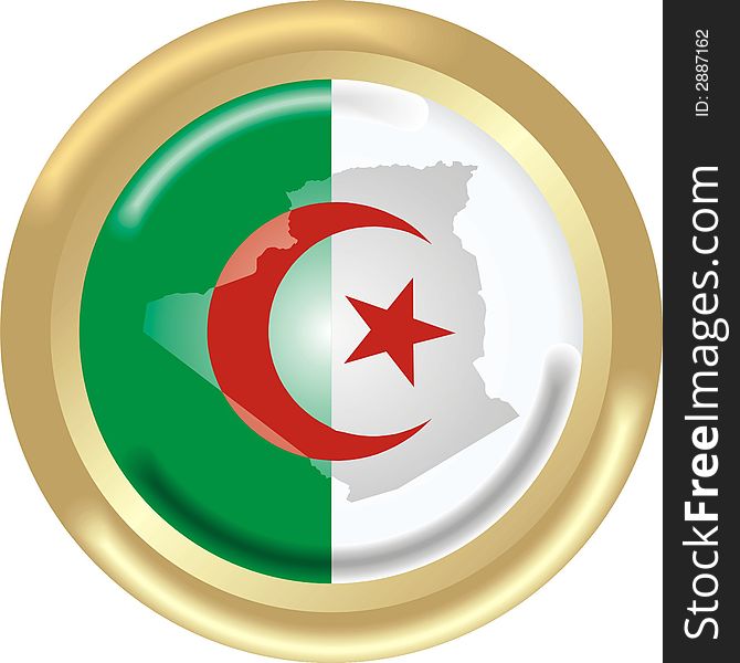 Art illustration: round gold medal with map and flag of algeria
