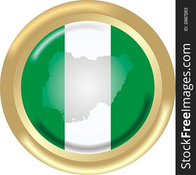 Art illustration: round gold medal with map and flag of nigeria