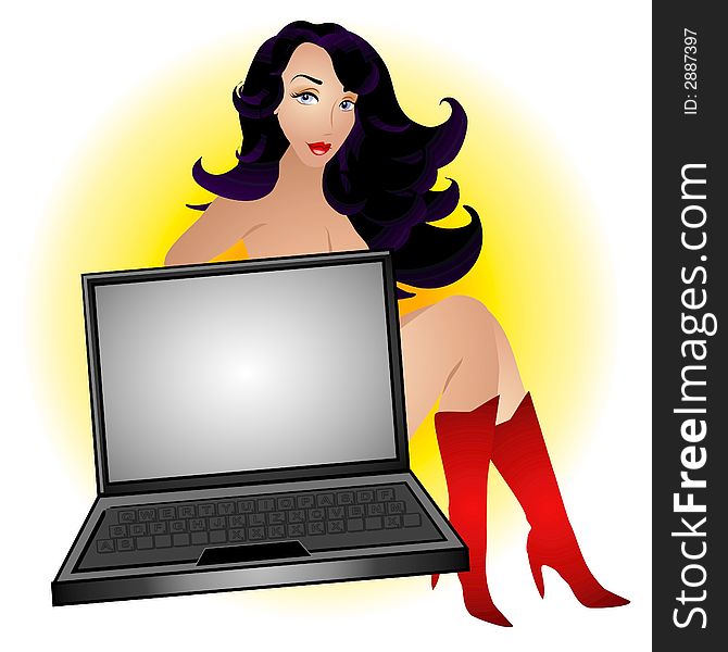 A clip art illustration of a nude woman with black hair sitting behind a laptop with a blank screen intended for your own text. A clip art illustration of a nude woman with black hair sitting behind a laptop with a blank screen intended for your own text