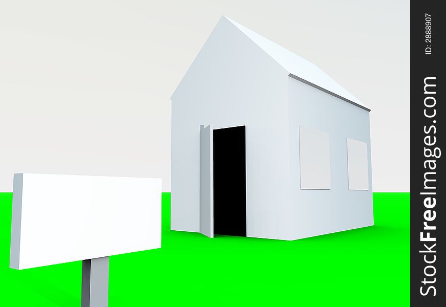 An image of a simple home with a blank sign next to it, a good image for housing concepts.