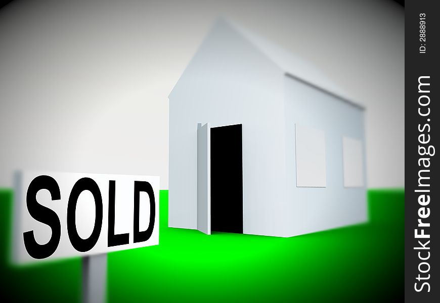 An image of a simple home with a sold sign next to it, a good image for housing concepts.