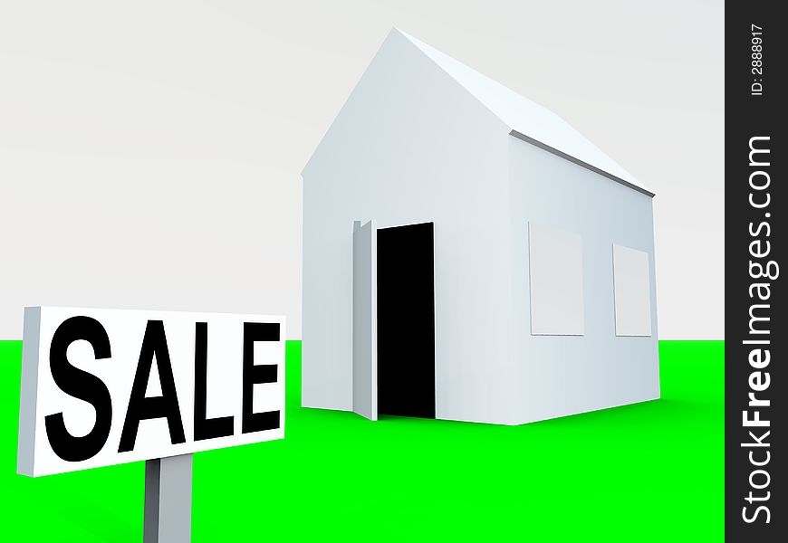An image of a simple home with a sale sign next to it, a good image for housing concepts