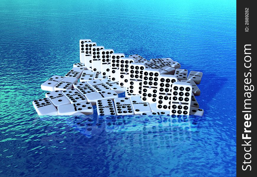 A digital art illustration that represents weakness and short-life through a set of double nine dominoes tiles that barely float over the ocean. A digital art illustration that represents weakness and short-life through a set of double nine dominoes tiles that barely float over the ocean.