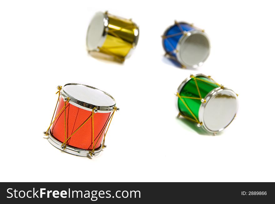 Christmas decoration, miniature drums, on white background. Christmas decoration, miniature drums, on white background