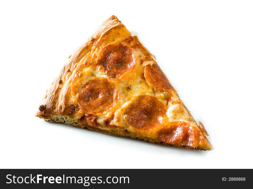 Detail shot of a single slice of hot fresh pepperoni pizza isolated against a white background with great colors and depth of field. Room for text. Detail shot of a single slice of hot fresh pepperoni pizza isolated against a white background with great colors and depth of field. Room for text.