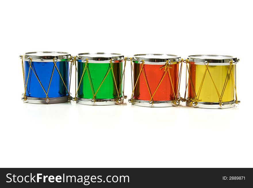 Christmas decoration, miniature drums, on white background. Christmas decoration, miniature drums, on white background