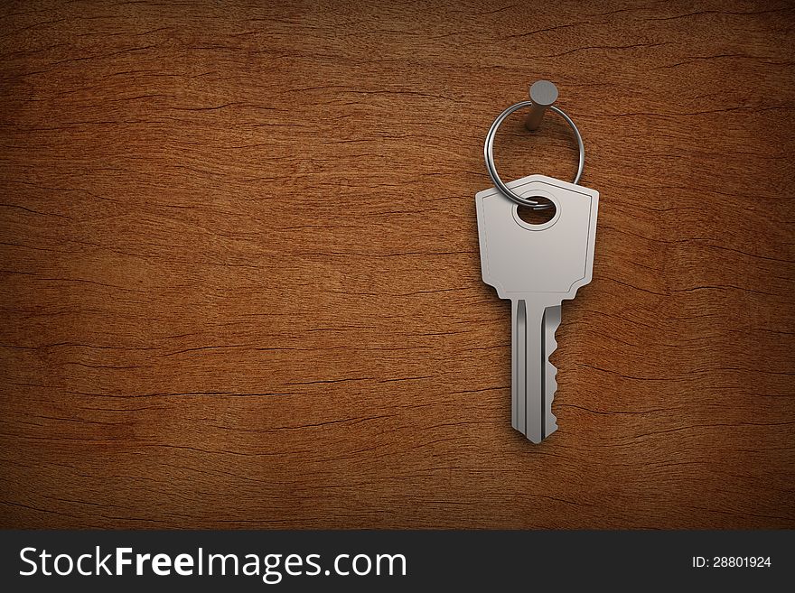 3D model of key hung on cracked wood walls with nail. 3D model of key hung on cracked wood walls with nail