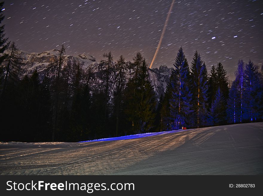 A cold night in FOlgarida ski resort, Italy.