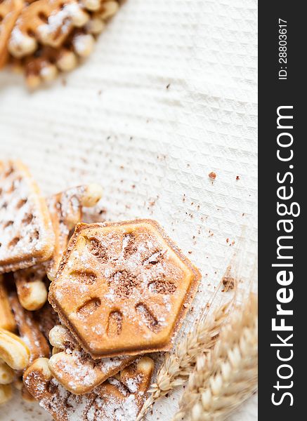 Ruddy Homemade Waffles With Powder And Wheat Ears