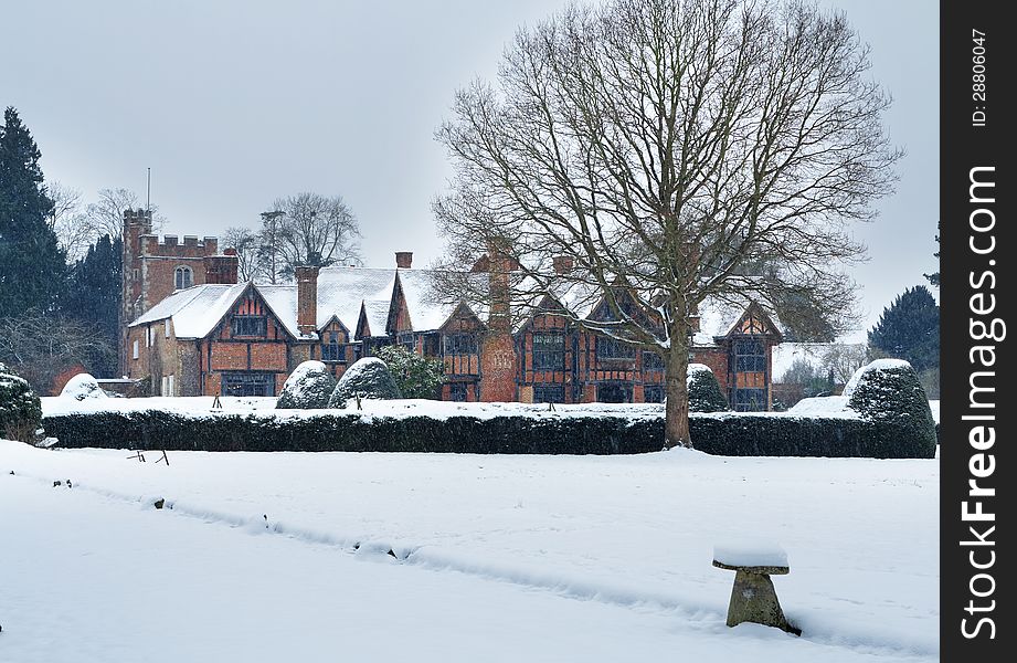English Tudor Mansion In The Snow