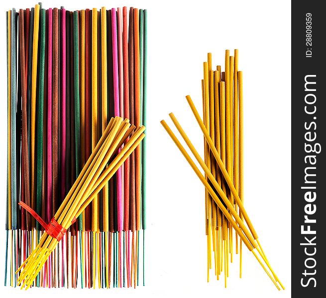 Colorful incense sticks groups and singles
