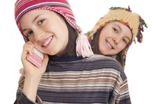 Beautiful Young Girl In Warm Winter Clothes Speaking On A Mobile Stock Photos
