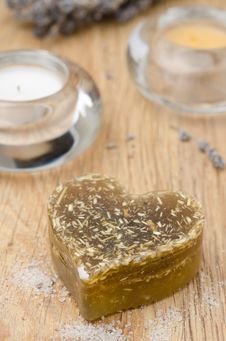 Bath Soap With Lavender In A Heart And Candles On Wooden Table, Stock Photography Bath Soap With Lavender In A Heart And Candles On Wooden Table, Stock Photography