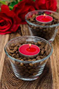 Red Candles In Glass Jars With Coffee Beans Stock Photo Red Candles In Glass Jars With Coffee Beans Stock Photo