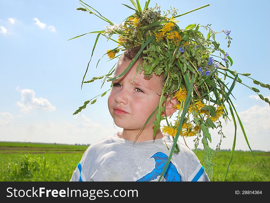 Boy in a wreath from dandelions, grass, blue flowers spikes. Against the blue sky and bright juicy green tray. Boy in a wreath from dandelions, grass, blue flowers spikes. Against the blue sky and bright juicy green tray.