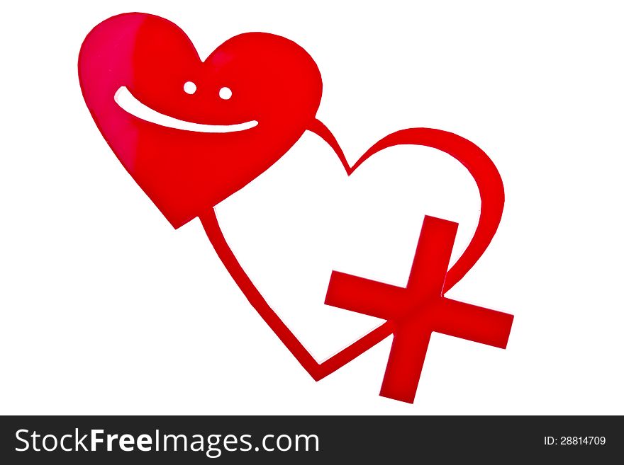 Two red heart shapes with a smile inside of one of them with a red cross symbolizes love first aid isolated on white.