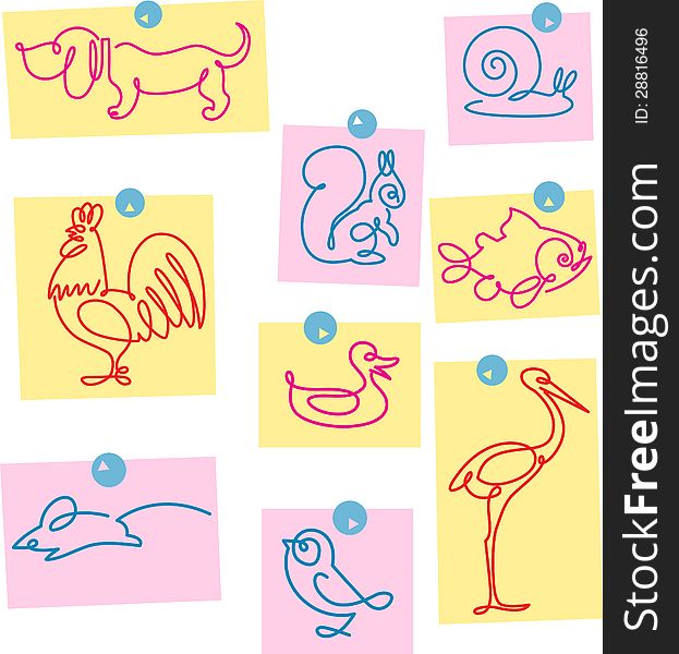 On separate sheets of paper shows some animals made one stroke outline. Illustration done in cartoon style on separate layers. On separate sheets of paper shows some animals made one stroke outline. Illustration done in cartoon style on separate layers.