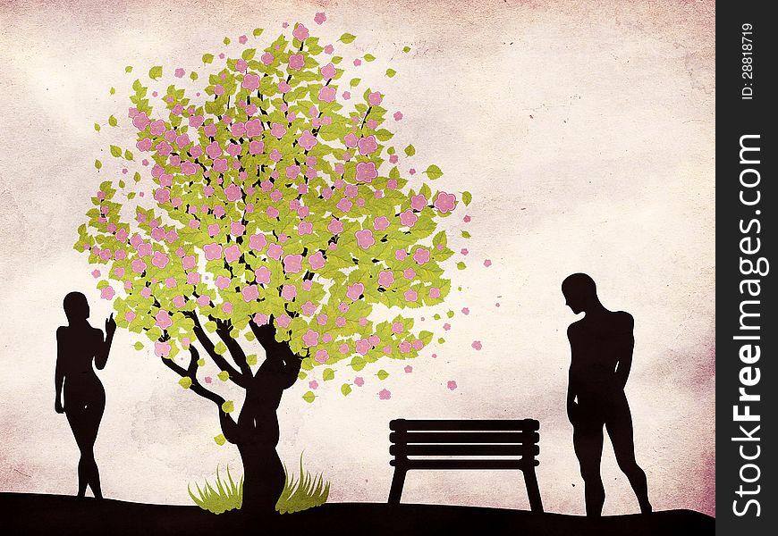 Illustration of grunge background with silhouette of couple and blossoming tree.