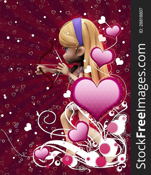 Illustration of pink hearts with flourish and cupid girl, vanetine background. Illustration of pink hearts with flourish and cupid girl, vanetine background.