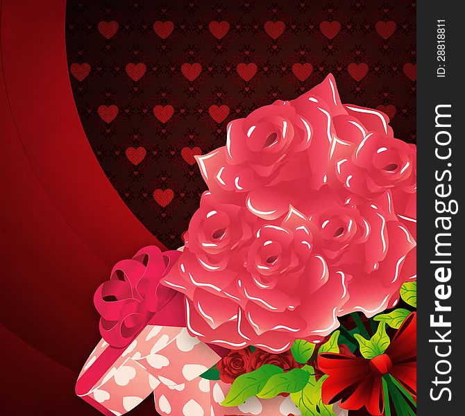 Illustration of Valentine's day greeting card with gift box and roses. Illustration of Valentine's day greeting card with gift box and roses.