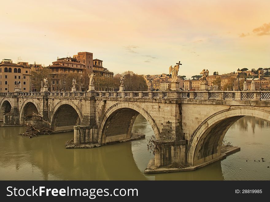 Sant Angelo Bridge At Sunset, Rome