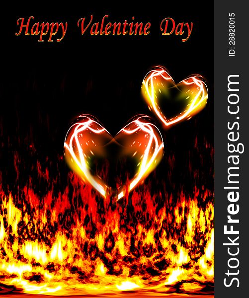 Two loving hearts, burning in the flames of love as Valentine card