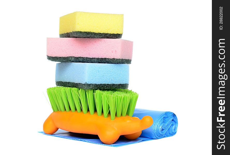 Sponges, garbage bags and brush for cleaning
