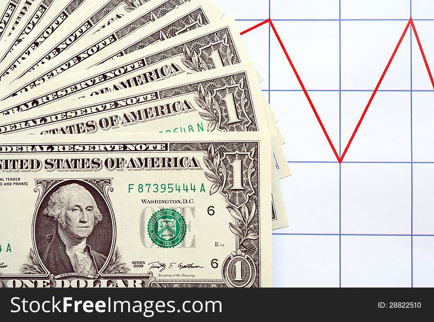 Business concept. Set of one dollar bank notes on paper background with red chart. Business concept. Set of one dollar bank notes on paper background with red chart