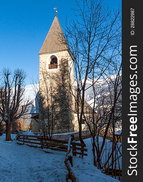 Church on the hill of Gais in Val Pusteria, South Tyrol, Italy.