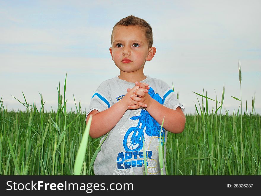 The boy is conceived in high green grass, his arms folded. The boy is conceived in high green grass, his arms folded.