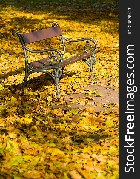 Bench hidden in pile of autumn leaves