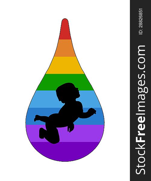 Symbol of beginning of life and importance of water - baby swimming in a rainbow drop of water. Symbol of beginning of life and importance of water - baby swimming in a rainbow drop of water