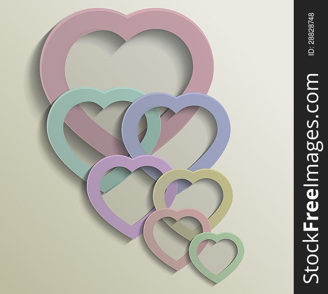 Seven multi-colored hearts on beige background. Seven multi-colored hearts on beige background