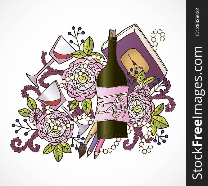 Vector romantic background with wine and flowers. Vector romantic background with wine and flowers