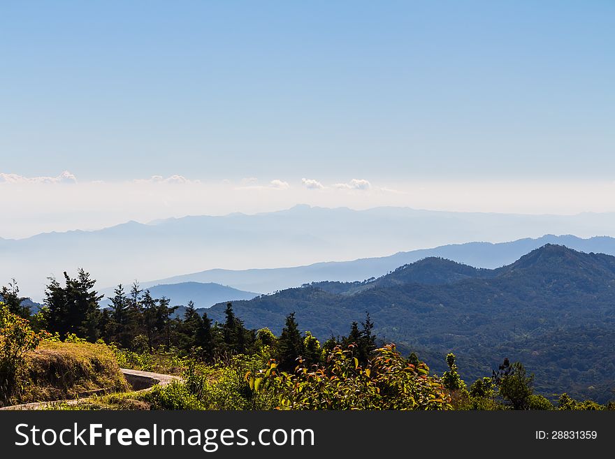 Mountain range and mist