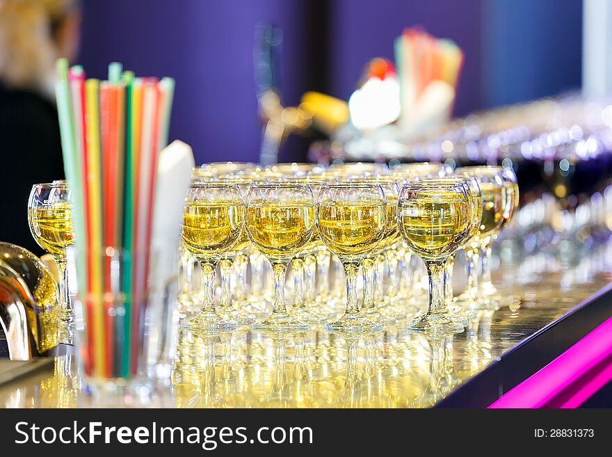 Glasses with white and red wine on the bar. Glasses with white and red wine on the bar