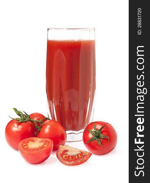 Fresh tomato juice and tomatoes on white background. Fresh tomato juice and tomatoes on white background