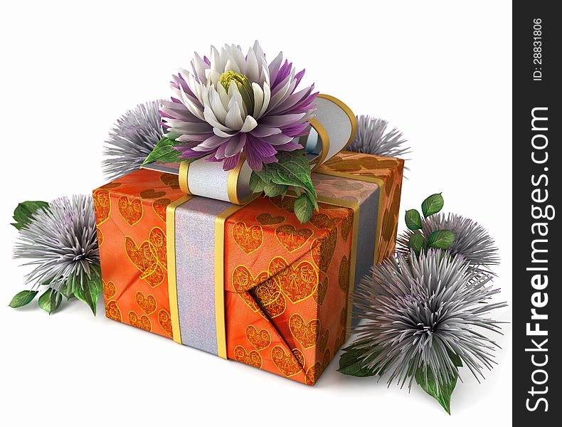 Holiday flowers with gift box on isolate white