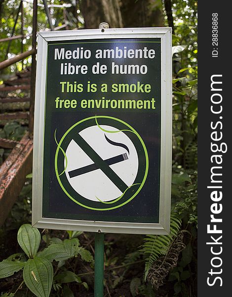 Smoke free environment sign in the forest, Monteverde, Costa Rica